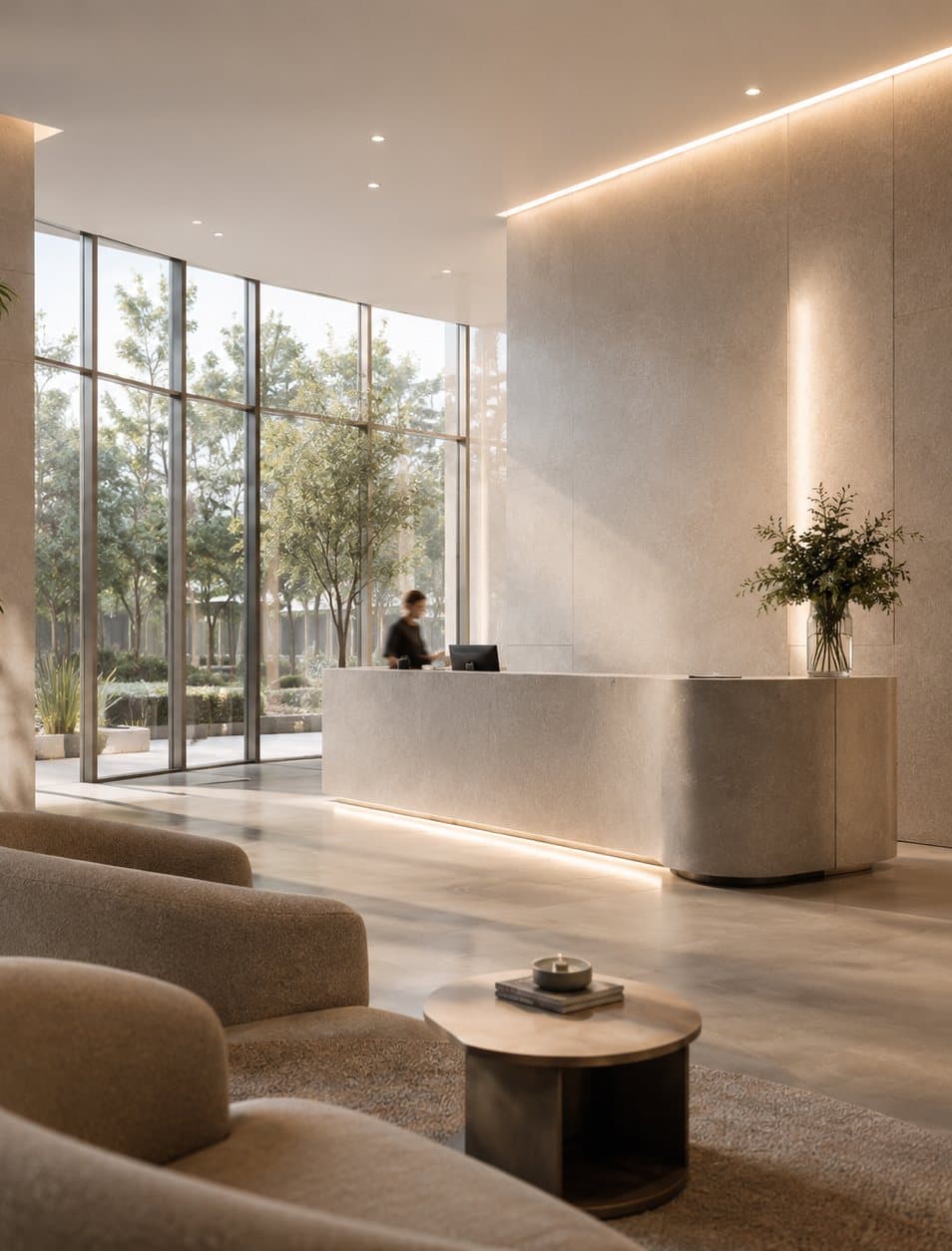 Reception of a contemporary corporate building, with natural light, a pale stone wall and understated furniture.